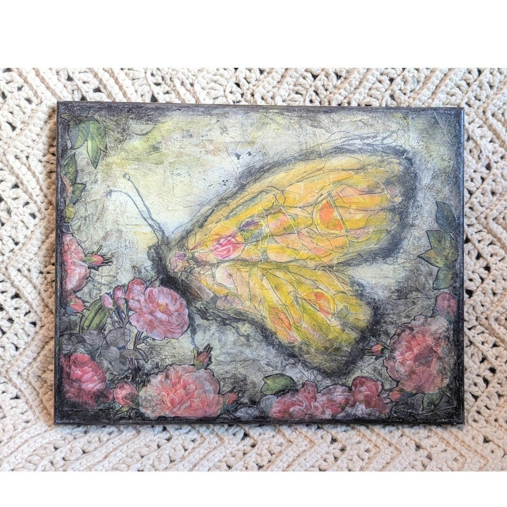 Butterfly and Roses Mixed Media Art 11x14 Original Canvas Painting Wall Decor